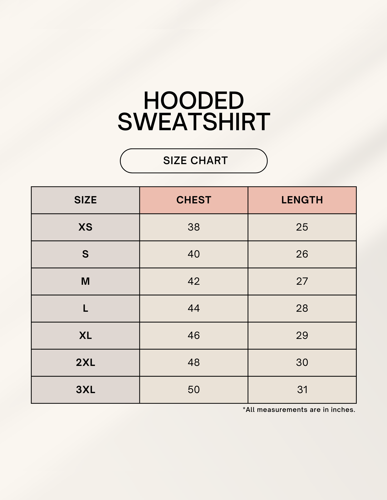 Size chart for hooded sweatshirt with chest and length measurements.
