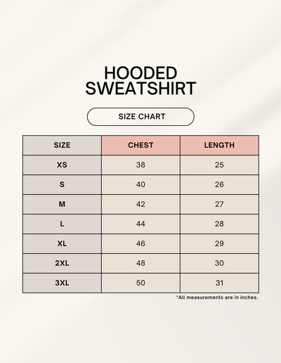 Size chart for hooded sweatshirt with chest and length measurements.