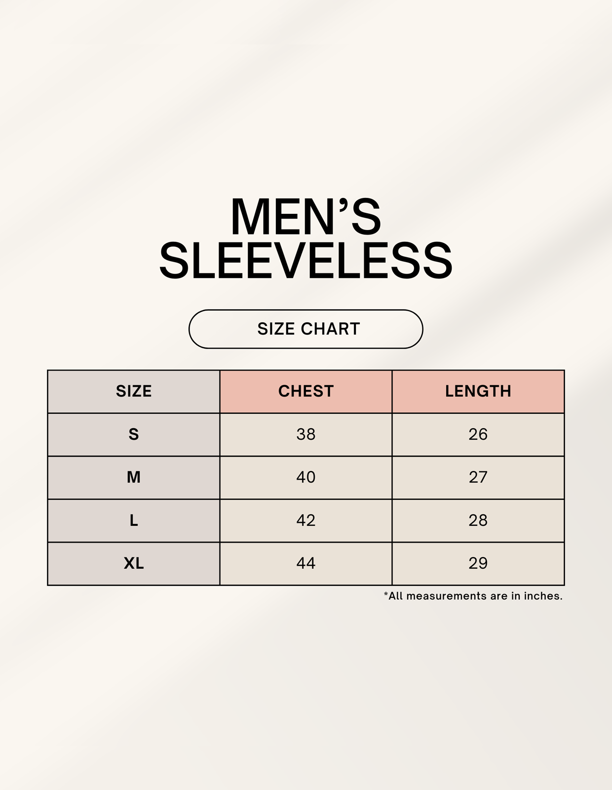 Men's sleeveless size chart with chest and length measurements on a light gray background