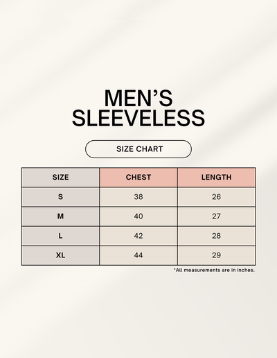 Men's sleeveless size chart with chest and length measurements on a light gray background