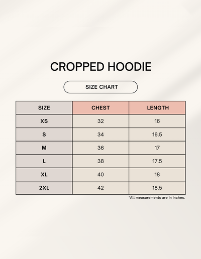 Size chart for cropped hoodie with chest and length measurements.