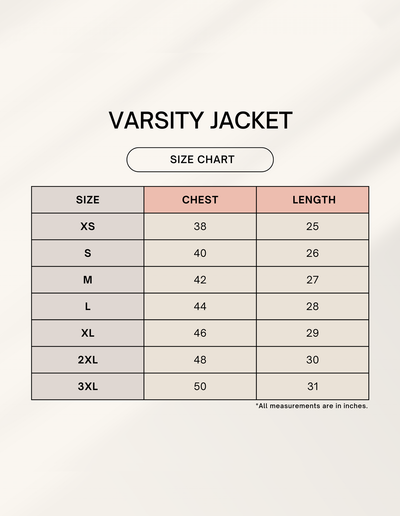 Size chart for varsity jackets with chest and length measurements.