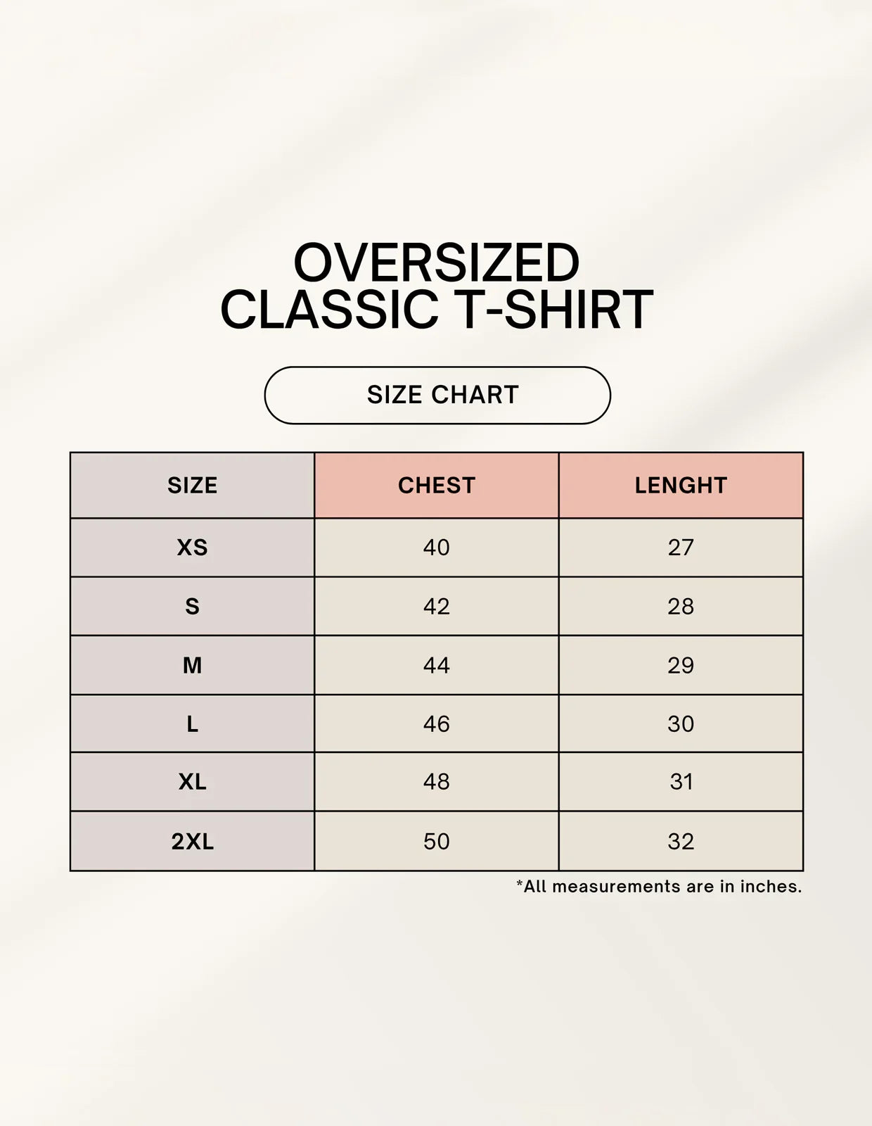 size chart for Unisex Oversized Classic T-Shirt