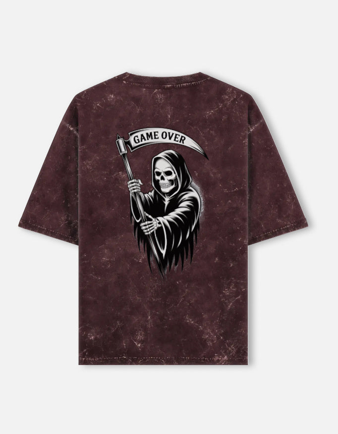 Ghost Graphic - Unisex Acid Washed Oversized Tee in maroon - back view #color_maroon