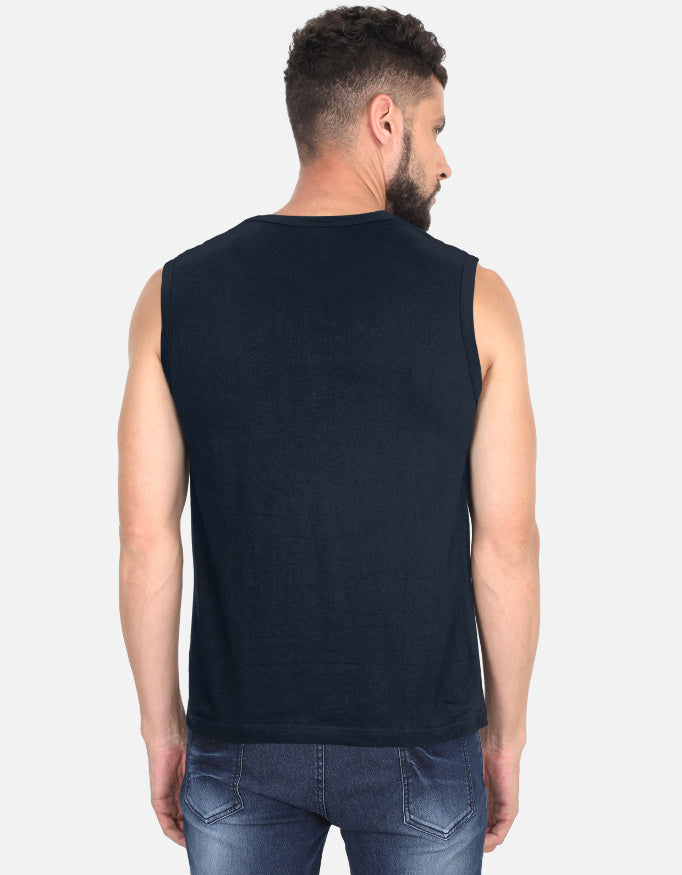 Roar Text Minimal GYM Graphic - Men's Sleeveless T-Shirt in navy blue - back view #color_navy-blue