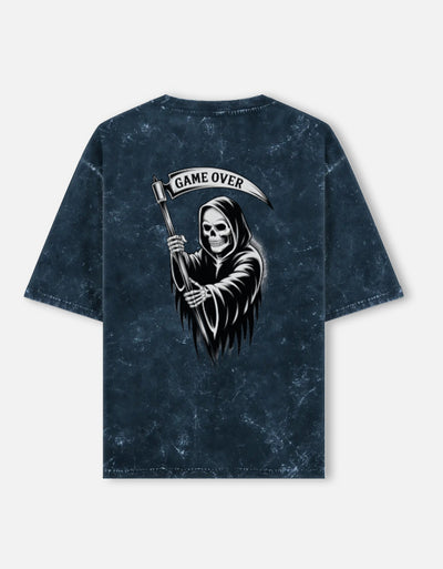 Ghost Graphic - Unisex Acid Washed Oversized Tee in navy blue - back view #color_navy-blue