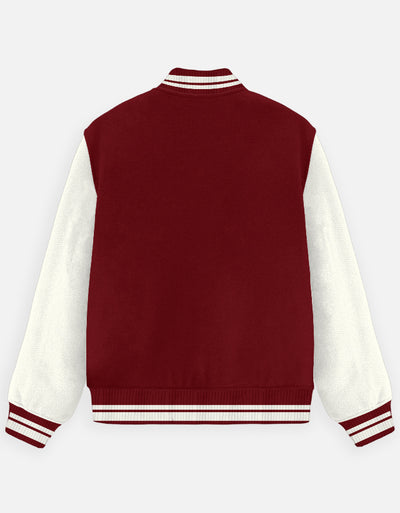 Don't Touch Text Art - Unisex Varsity Jacket in red - back view #color_red