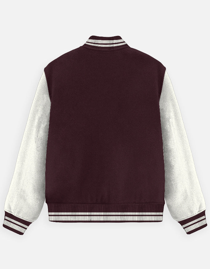 Don't Touch Text Art - Unisex Varsity Jacket in maroon - back view #color_maroon