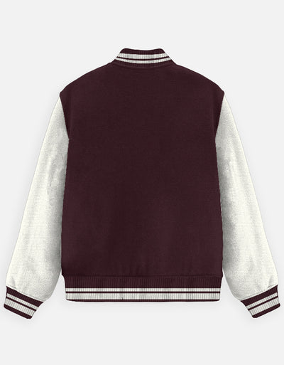 Hooting Cute Owl Graphic - Unisex Varsity Jacket in maroon - back view #color_maroon