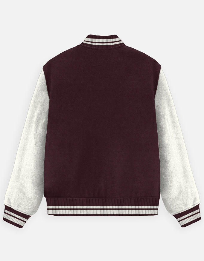 Ninja Fighter Graphic - Unisex Varsity Jacket in maroon - back view #color_maroon
