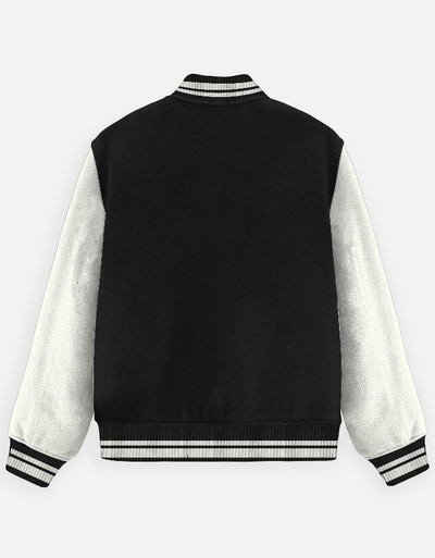 Rise Above Limit Text Design - Unisex Varsity Jacket in black - back view #color_black