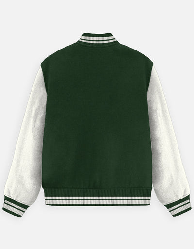 Respect Text Graphic - Unisex Varsity Jacket in bottle green - back view #color_bottle-green