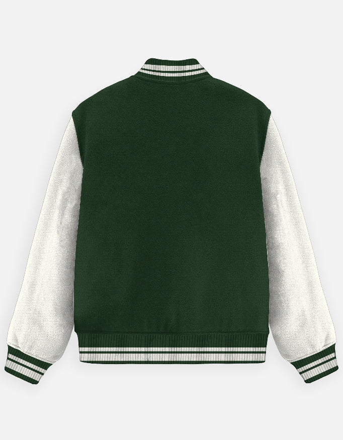 Positive Energy Graphic - Unisex Varsity Jacket in bottle green - back view #color_bottle-green