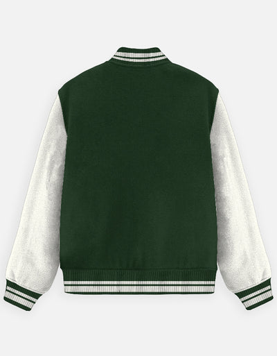 Stop Wasting Time Graphic - Unisex Varsity Jacket in bottle green - back view #color_bottle-green