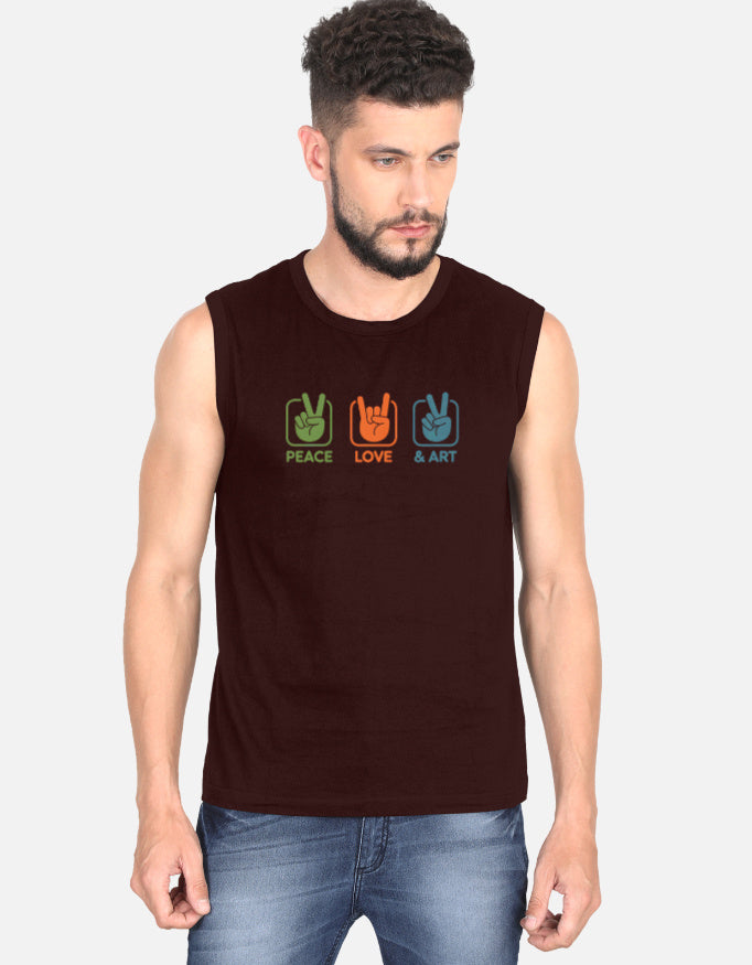 Peace Love Art GYM Graphic - Men's Sleeveless T-Shirt in maroon - front view #color_maroon