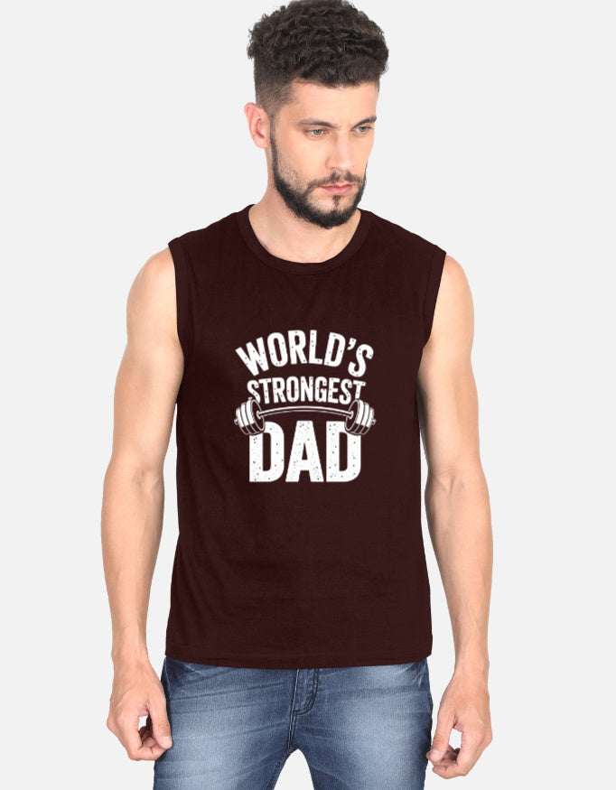 Gym Worlds Strongest Dad Graphic - Men's Sleeveless T-Shirt in maroon - front view #color_maroon