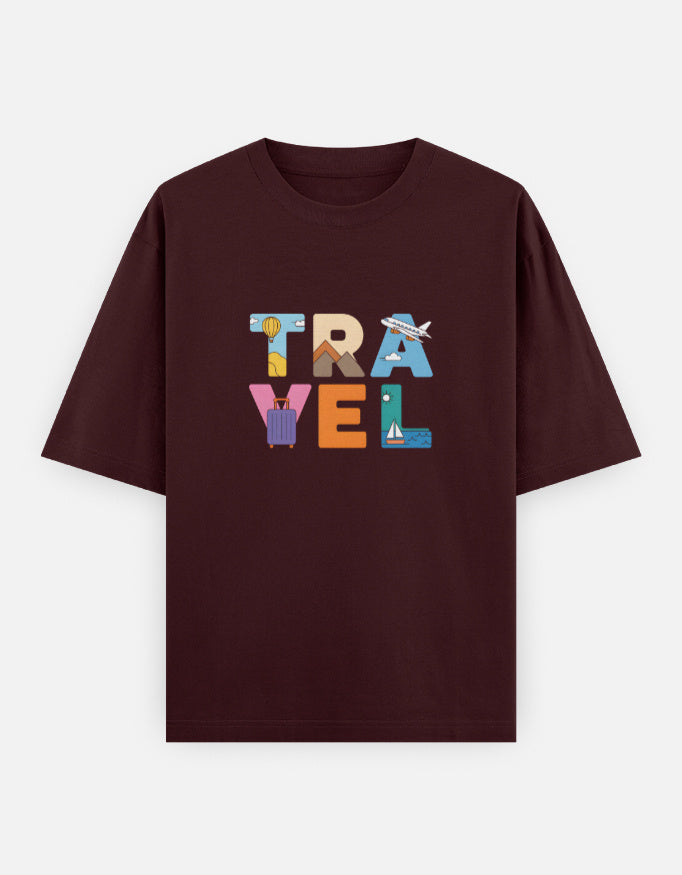 Travel Minimal Text Graphic - Unisex Oversized Classic T-Shirt in maroon - front view #color_maroon