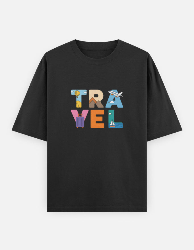 Travel Minimal Text Graphic - Unisex Oversized Classic T-Shirt in black - front view #color_black