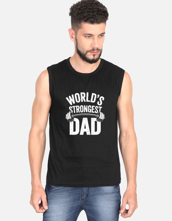 Gym Worlds Strongest Dad Graphic - Men's Sleeveless T-Shirt in black - front view #color_black