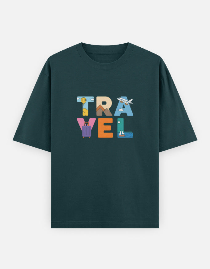 Travel Minimal Text Graphic - Unisex Oversized Classic T-Shirt in petrol blue - front view #color_petrol-blue