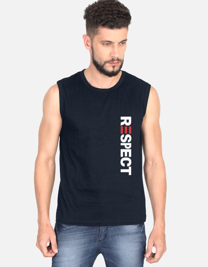 GYM Respect Text Graphic - Men's Sleeveless T-Shirt in navy blue - front view #color_navy-blue