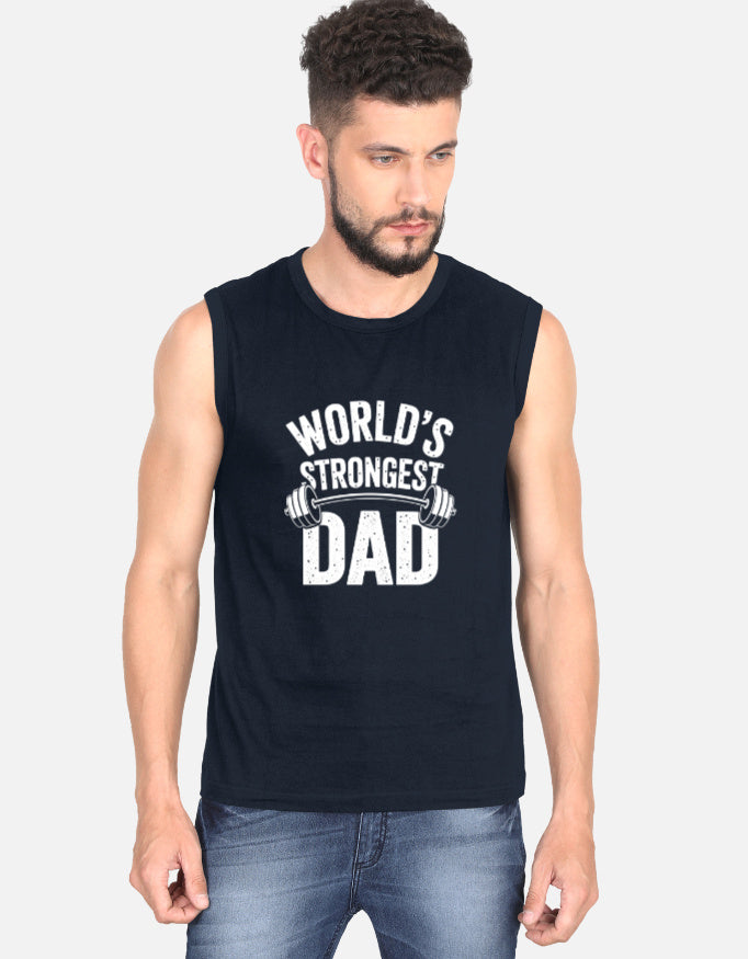 Gym Worlds Strongest Dad Graphic - Men's Sleeveless T-Shirt in navy blue - front view #color_navy-blue