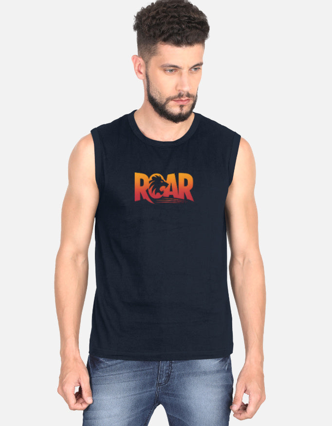 Roar Text Minimal GYM Graphic - Men's Sleeveless T-Shirt in Navy Blue - front view #color_navy-blue