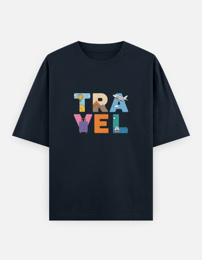 Travel Minimal Text Graphic - Unisex Oversized Classic T-Shirt in navy blue - front view #color_navy-blue