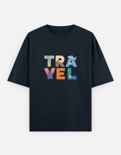 Travel Minimal Text Graphic - Unisex Oversized Classic T-Shirt in navy blue - front view #color_navy-blue