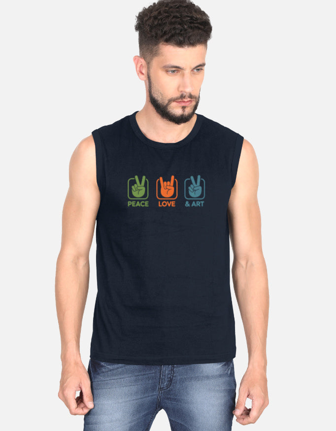 Peace Love Art GYM Graphic - Men's Sleeveless T-Shirt in navy blue - front view #color_navy-blue