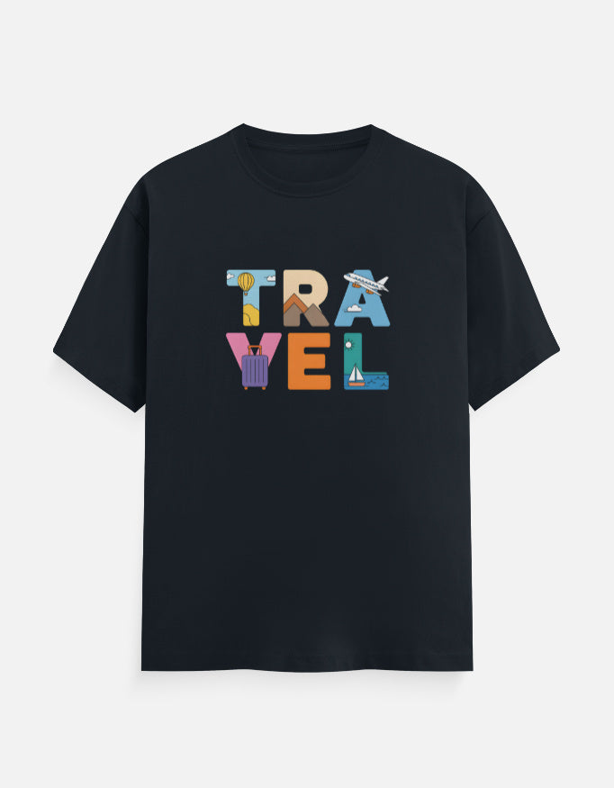Travel Text Design - Unisex Classic Crew T-Shirt in navy blue - front view #color_navy-blue