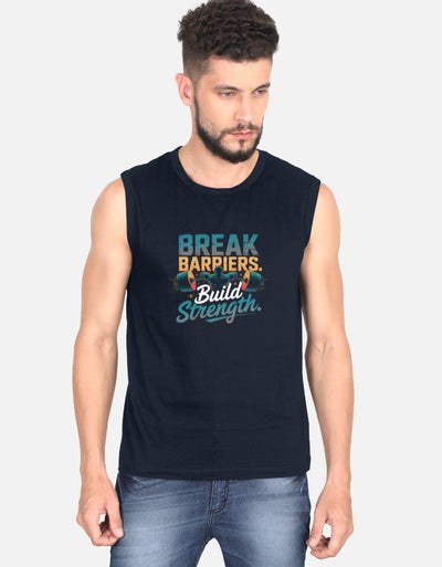 GYM Break Barriers Build Strength Graphic - Men's Sleeveless T-Shirt in Navy Blue - front view #color_navy-blue