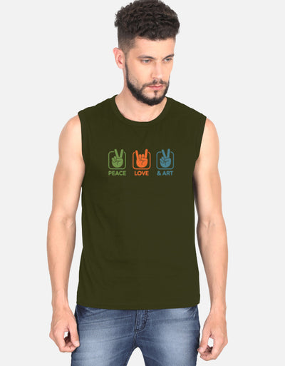 Peace Love Art GYM Graphic - Men's Sleeveless T-Shirt in olive green - front view #color_olive-green