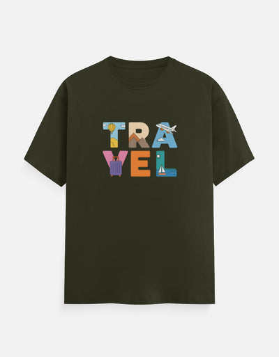 Travel Text Design - Unisex Classic Crew T-Shirt in olive green - front view #color_olive-green