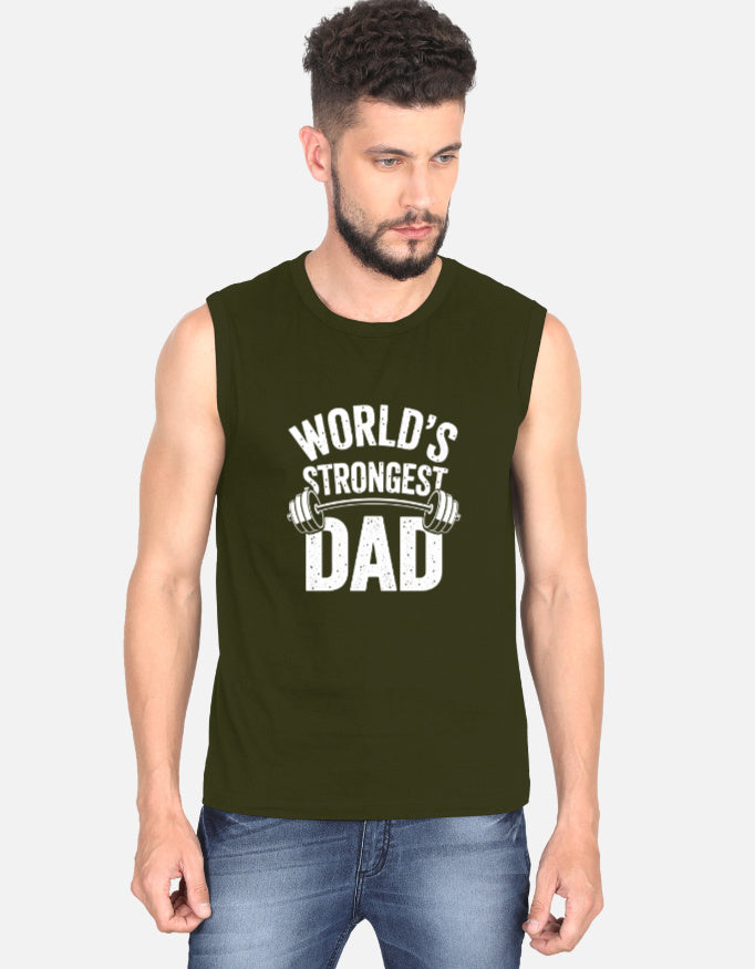 Gym Worlds Strongest Dad Graphic - Men's Sleeveless T-Shirt in olive green - front view #color_olive-green