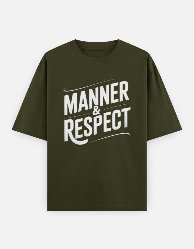 Manner And Respect Text Graphic- Unisex Oversized Classic T-Shirt in olive green - back view #color_olive-green