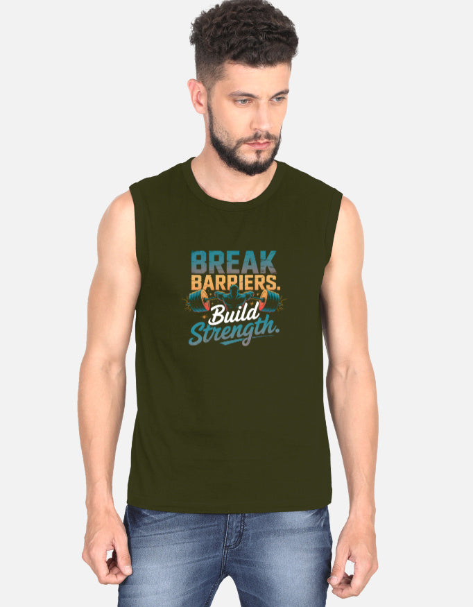 GYM Break Barriers Build Strength Graphic - Men's Sleeveless T-Shirt in olive green - front view #color_olive-green