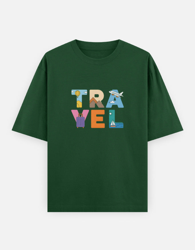 Travel Minimal Text Graphic - Unisex Oversized Classic T-Shirt in bottle green - front view #color_bottle-green