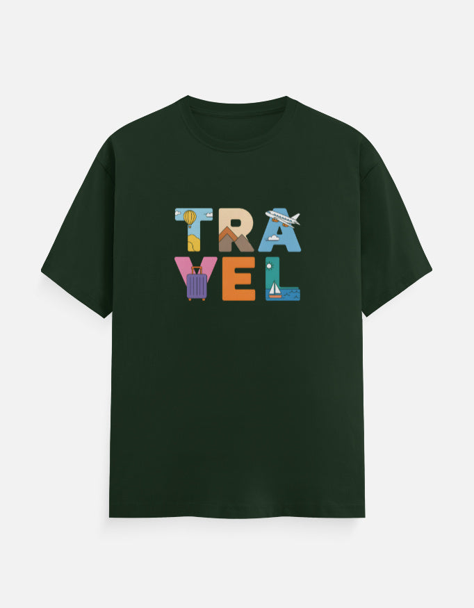 Travel Text Design - Unisex Classic Crew T-Shirt in bottle green - front view #color_bottle-green