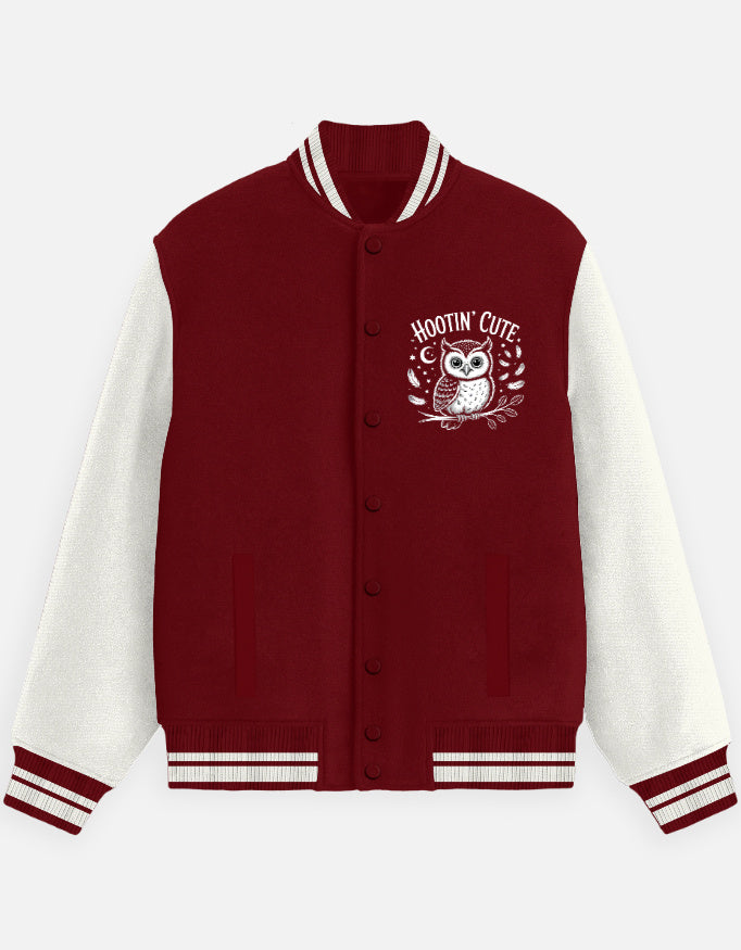 Hooting Cute Owl Graphic - Unisex Varsity Jacket in red - front view #color_red