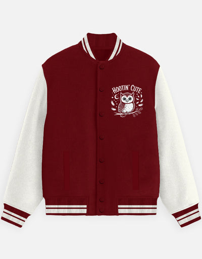 Hooting Cute Owl Graphic - Unisex Varsity Jacket in red - front view #color_red