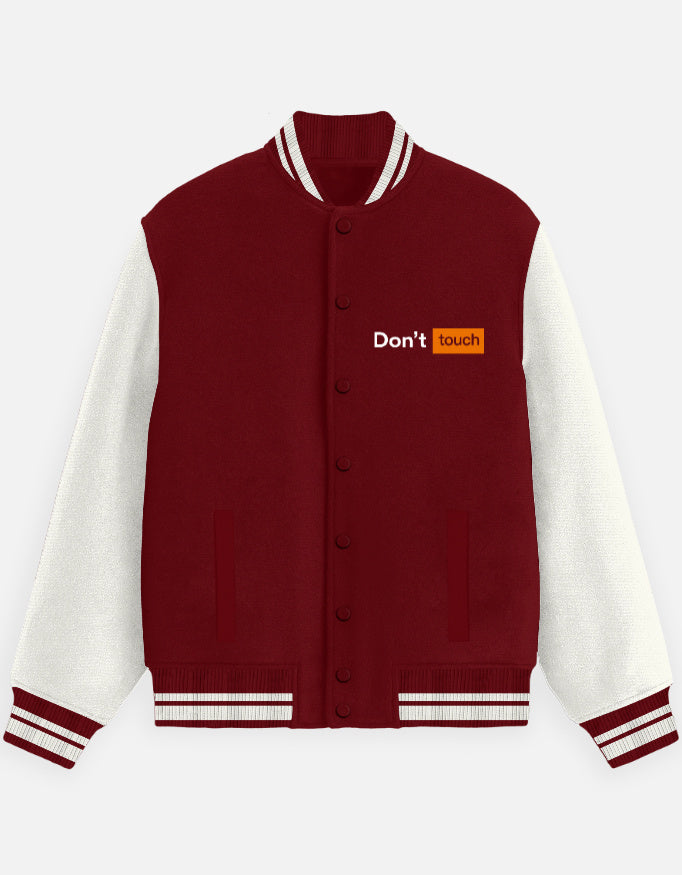 Don't Touch Text Art - Unisex Varsity Jacket in red - front view #color_red
