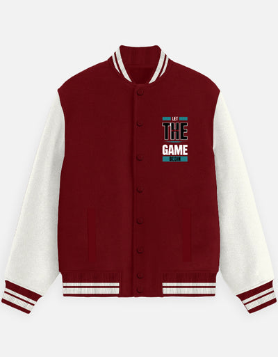 Game Begun Text Art - Unisex Varsity Jacket in red - front view #color_red