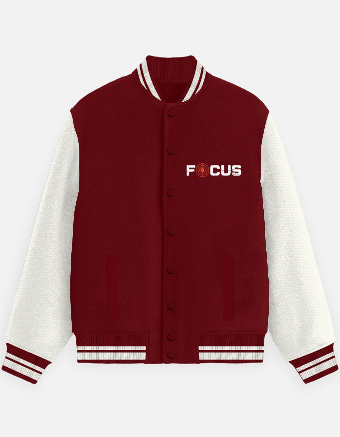 Focus Text Graphic - Unisex Varsity Jacket in red - front view #color_red