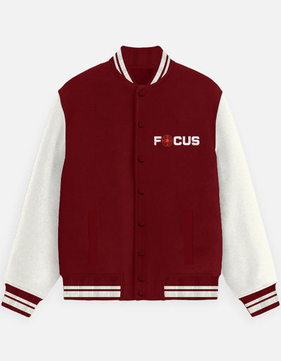 Focus Text Graphic - Unisex Varsity Jacket in red - front view #color_red