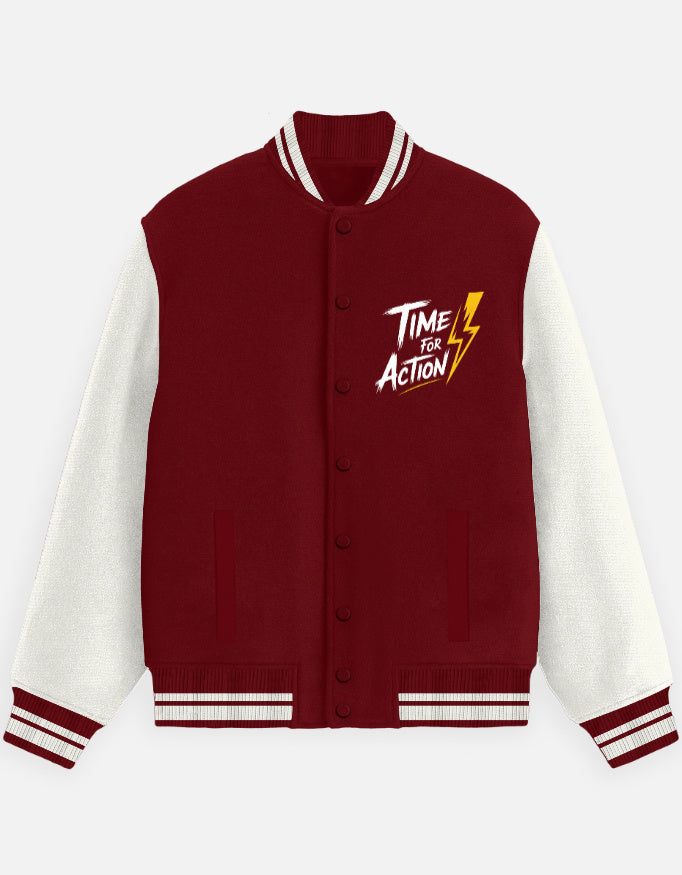 Time For Action Text Graphic - Unisex Varsity Jacket in red - front view #color_red