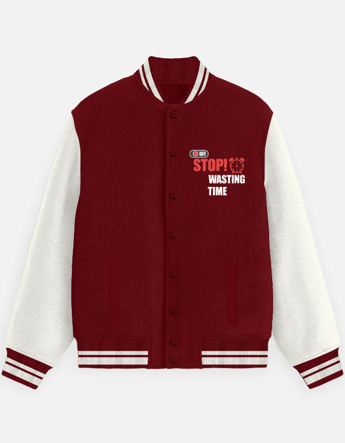 Stop Wasting Time Graphic - Unisex Varsity Jacket in red - front view #color_red