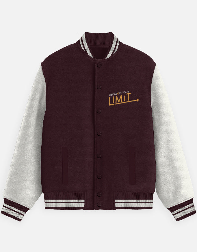 Rise Above Limit Text Design - Unisex Varsity Jacket in maroon - front view #color_maroon