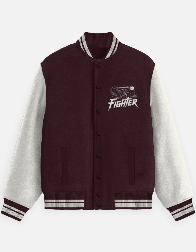 Ninja Fighter Graphic - Unisex Varsity Jacket in maroon - front view #color_maroon