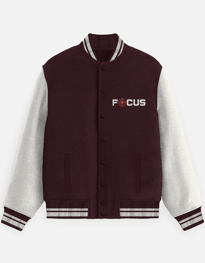 Focus Text Graphic - Unisex Varsity Jacket in maroon - front view #color_maroon
